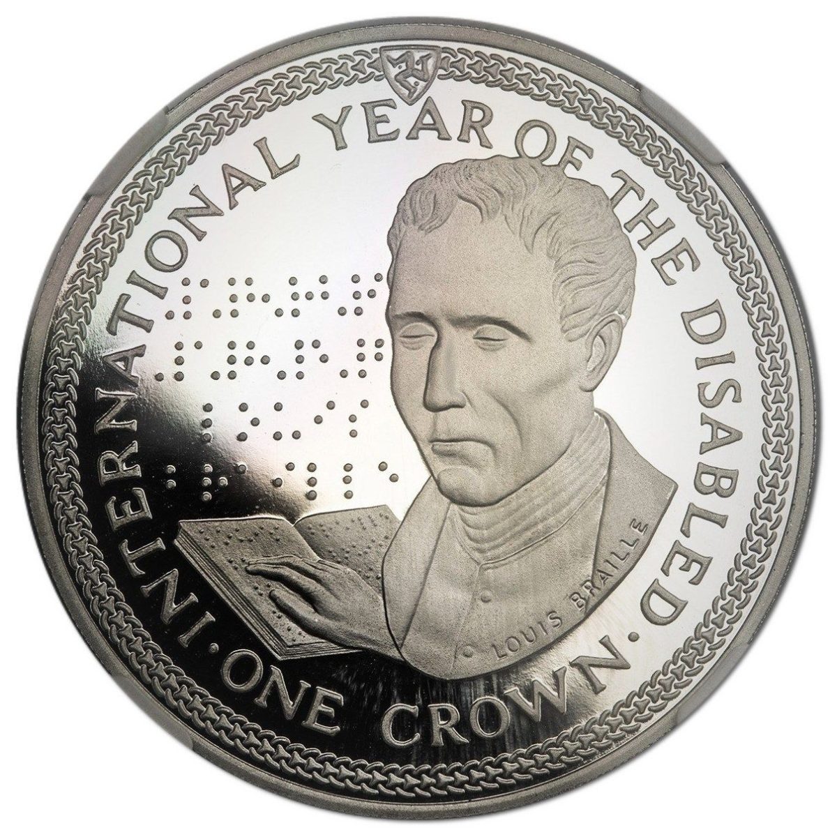 Isle of Man 1 Crown - Elizabeth II Louis Braille; Platinum Proof reverse