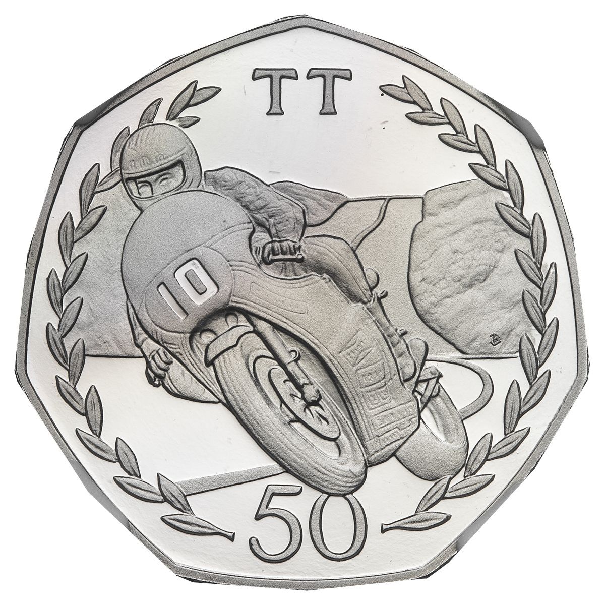 Isle of Man 50 Pence - Elizabeth II Tourist Trophy Motorcycle Races; Platinum Proof