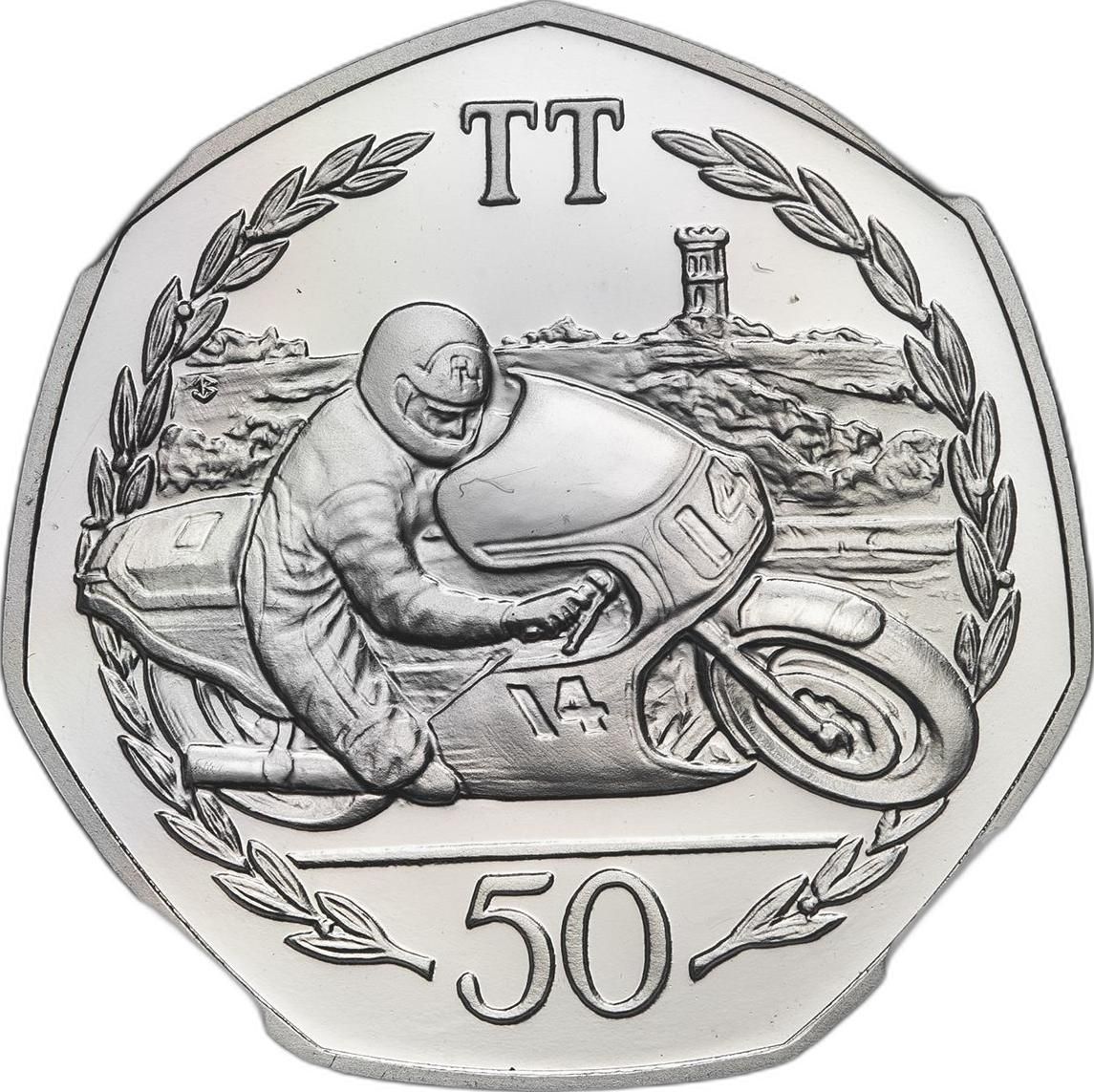 Isle of Man 50 Pence - Elizabeth II Tourist Trophy Motorcycle Races; Platinum Proof