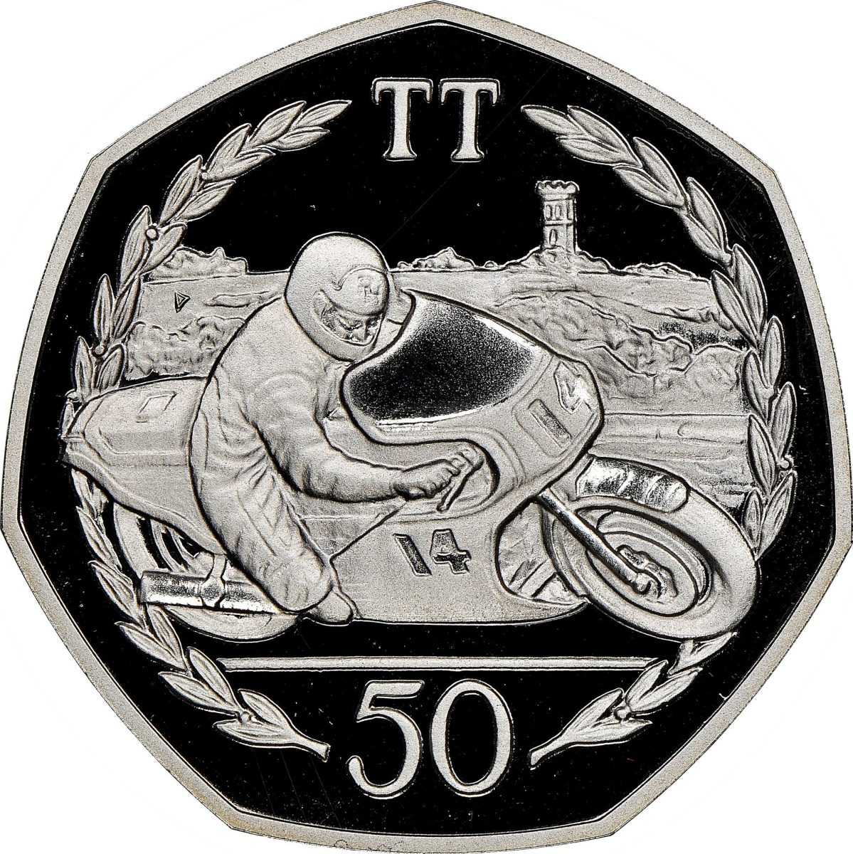Isle of Man 50 Pence - Elizabeth II Tourist Trophy Motorcycle Races; Silver Proof