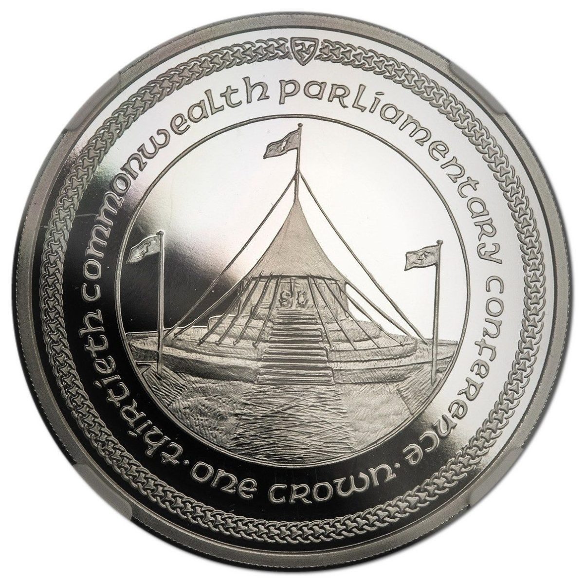Isle of Man 1 Crown - Elizabeth II Commonwealth Parliamentary Conference; Tynwald Hill; Platinum reverse
