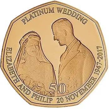 Isle of Man 50 Pence - Elizabeth II Platinum Wedding - The Royal Wedding; Gold Proof reverse