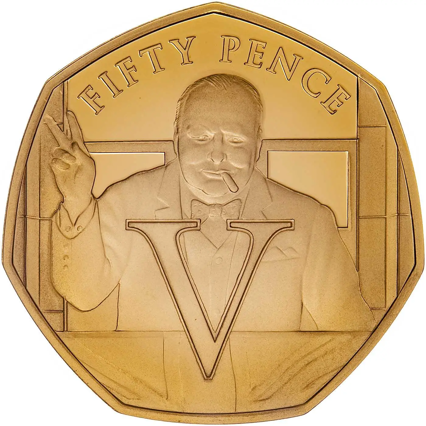 Isle of Man 50 Pence - Elizabeth II VE Day - V; Gold Proof reverse