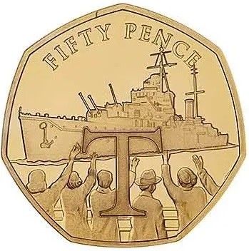 Isle of Man 50 Pence - Elizabeth II VE Day - HMS Dido Battleship; Gold Proof reverse