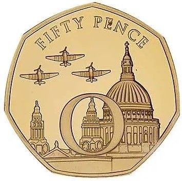 Isle of Man 50 Pence - Elizabeth II VE Day - Spitfires over Cathedral; Gold Proof reverse