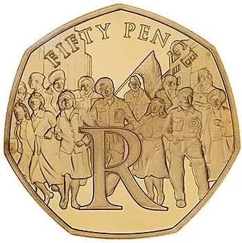 Isle of Man 50 Pence - Elizabeth II VE Day - London Street Party Celebrations; Gold Proof reverse