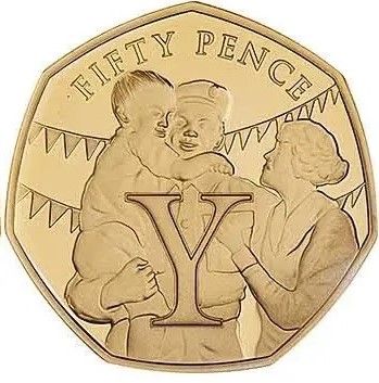 Isle of Man 50 Pence - Elizabeth II VE Day - A soldier returning home; Gold Proof reverse