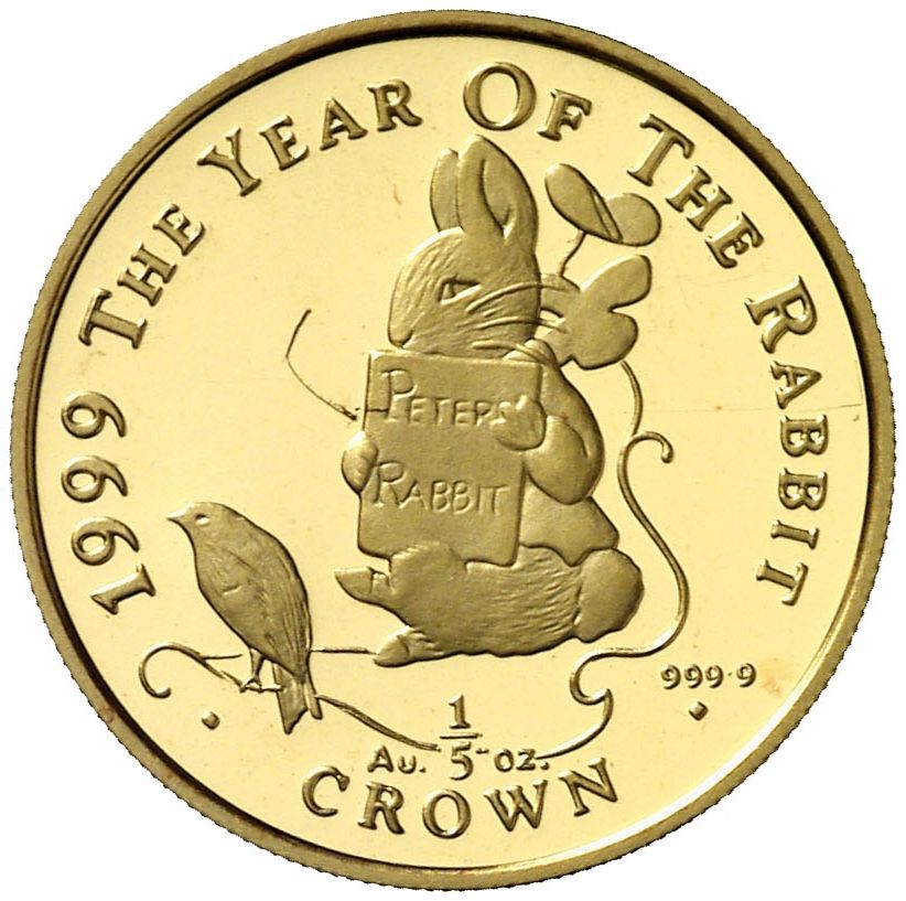 Gibraltar ⅕ Crown - Elizabeth II The year of the Rabbit; Peter Rabbit; Gold Proof reverse