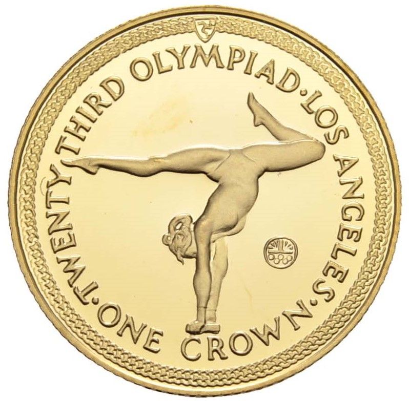 Isle of Man 1 Crown - Elizabeth II Gymnastics; Gold 9ct reverse