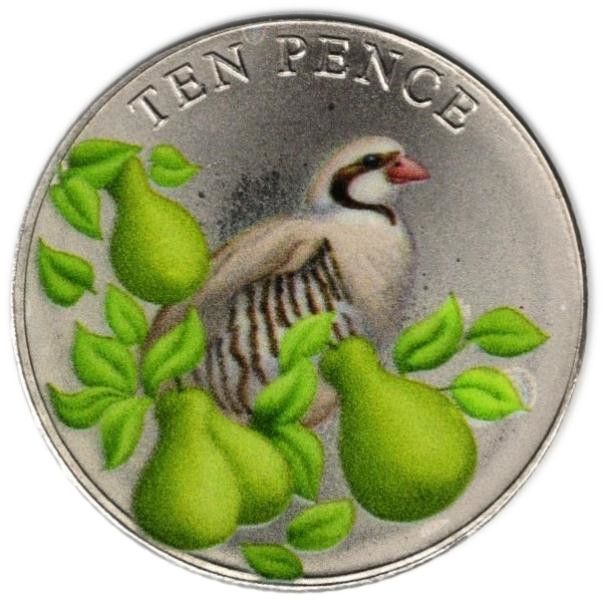 Guernsey 10 Pence - Charles III Twelve Days of Christmas - A partridge in a pear tree reverse