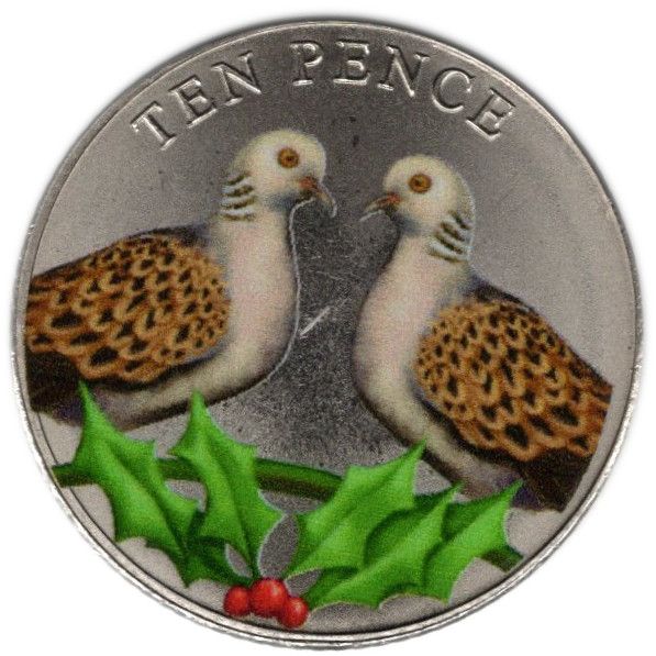 Guernsey 10 Pence - Charles III Twelve Days of Christmas - Two turtle doves reverse