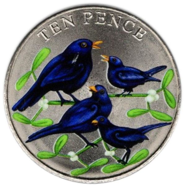 Guernsey 10 Pence - Charles III Twelve Days of Christmas - Four calling birds reverse