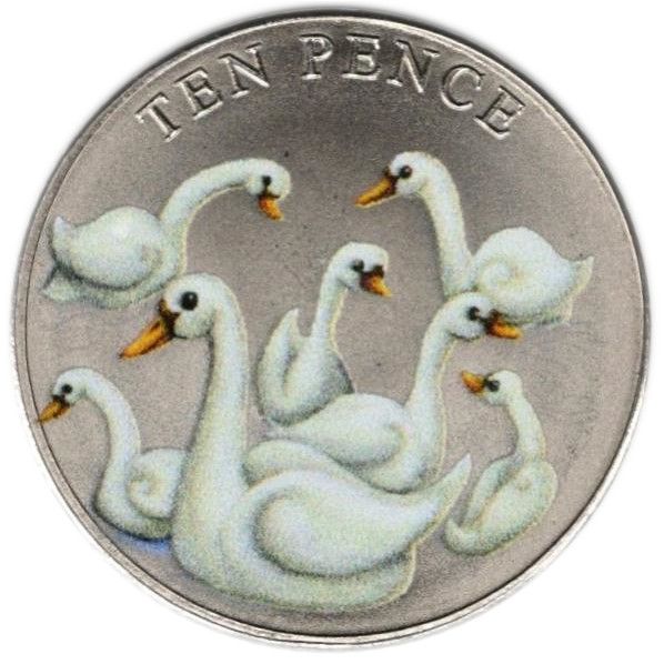 Guernsey 10 Pence - Charles III Twelve Days of Christmas - Seven swans swimming reverse
