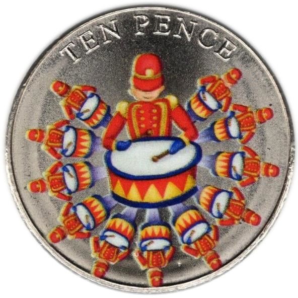 Guernsey 10 Pence - Charles III Twelve Days of Christmas - Twelve drummers drumming obverse