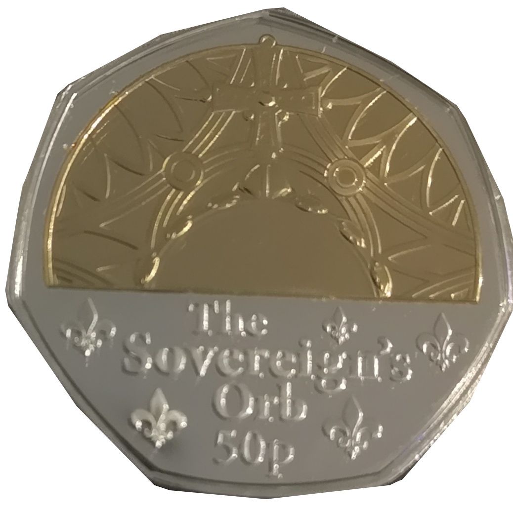 Guernsey 50 Pence - Charles III Coronation Regalia - The Sovereign's Orb; Silver/Gold Plated