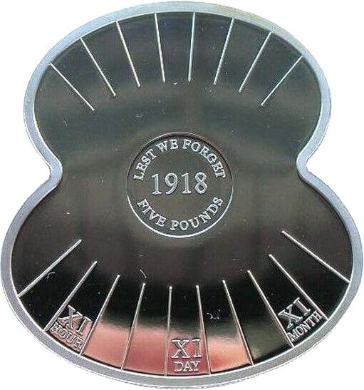 Jersey 5 Pounds - Elizabeth II Lest We Forget 1918; Silver poppy shaped reverse