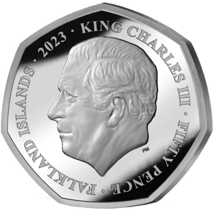 Falkland Islands 50 Pence - Charles III 75th Birthday - Penguins obverse