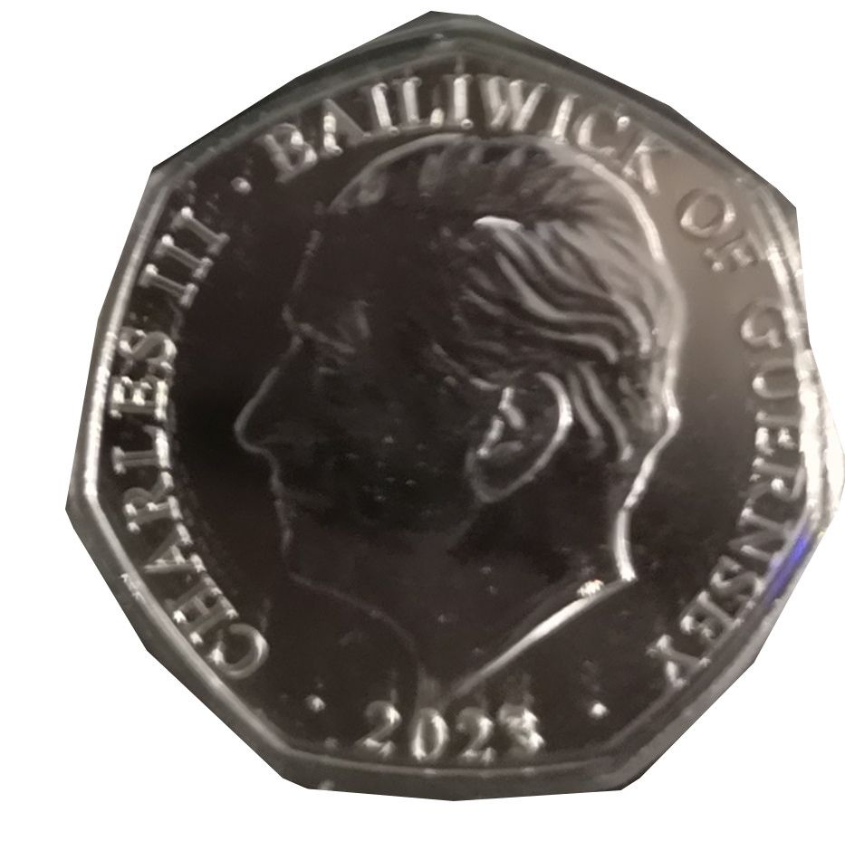 Guernsey 50 Pence - Charles III Coronation Regalia - The Sovereign's Sceptre; Silver/Gold Plated obverse