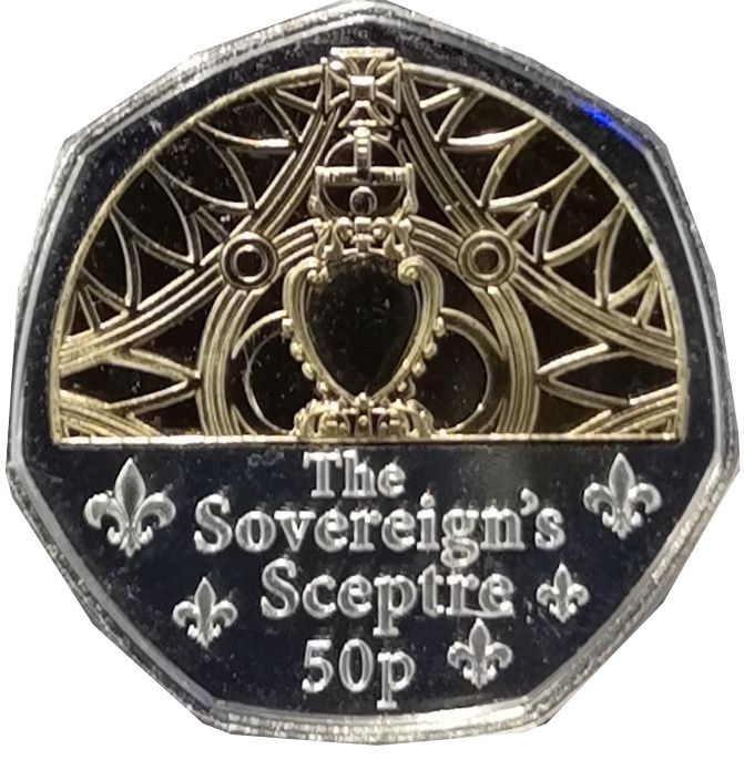 Guernsey 50 Pence - Charles III Coronation Regalia - The Sovereign's Sceptre; Silver/Gold Plated reverse