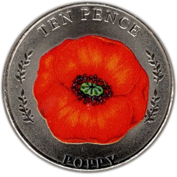 Jersey 10 Pence - Elizabeth II Poppy; Colourised reverse