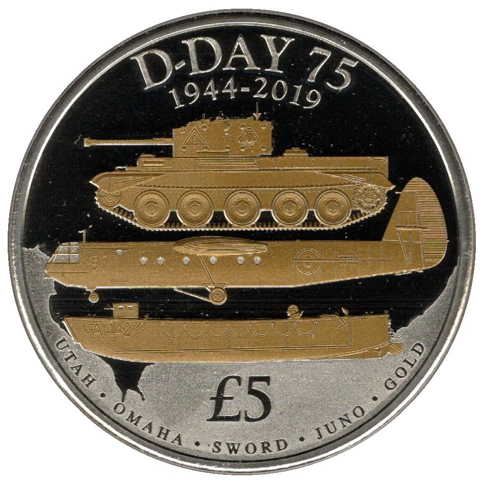 Guernsey 5 Pounds - Elizabeth II 75th anniversary of D-day; Selective Gold Plating