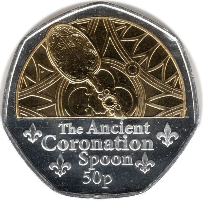 Guernsey 50 Pence - Charles III Coronation Regalia - The Ancient Coronation Spoon; Silver/Gold Plated