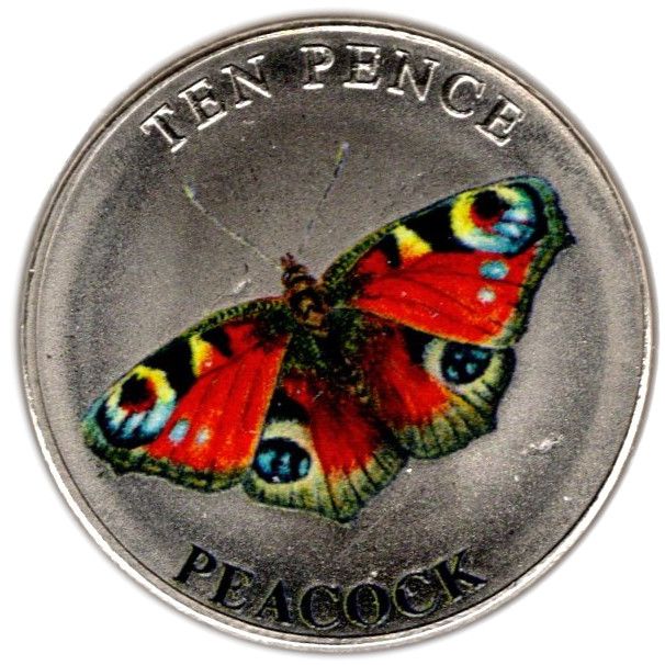Guernsey 10 Pence - Elizabeth II Peacock; Colourised reverse