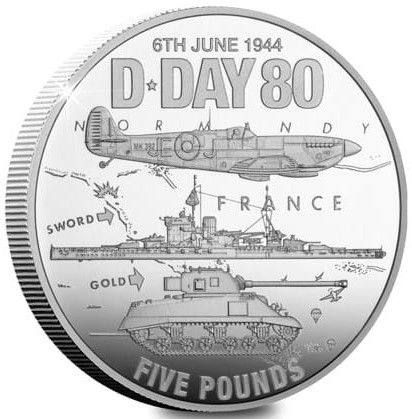 Jersey 5 Pounds - Charles III D-Day; Silver obverse
