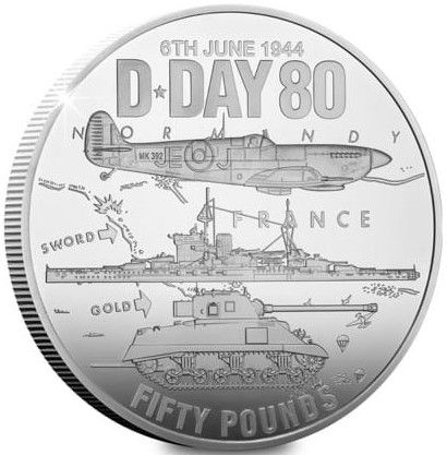 Jersey 50 Pounds - Charles III D-Day; Silver 10oz. obverse