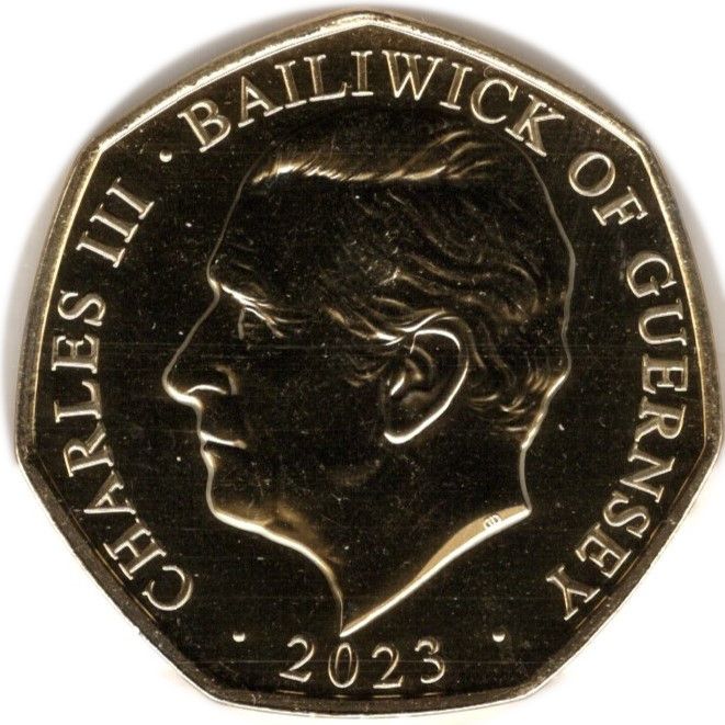 Guernsey 50 Pence - Charles III Coronation Regalia - The Sovereign's Sceptre; Gold Plated obverse