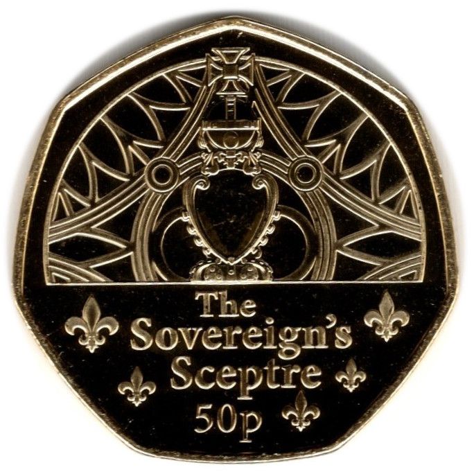 Guernsey 50 Pence - Charles III Coronation Regalia - The Sovereign's Sceptre; Gold Plated reverse