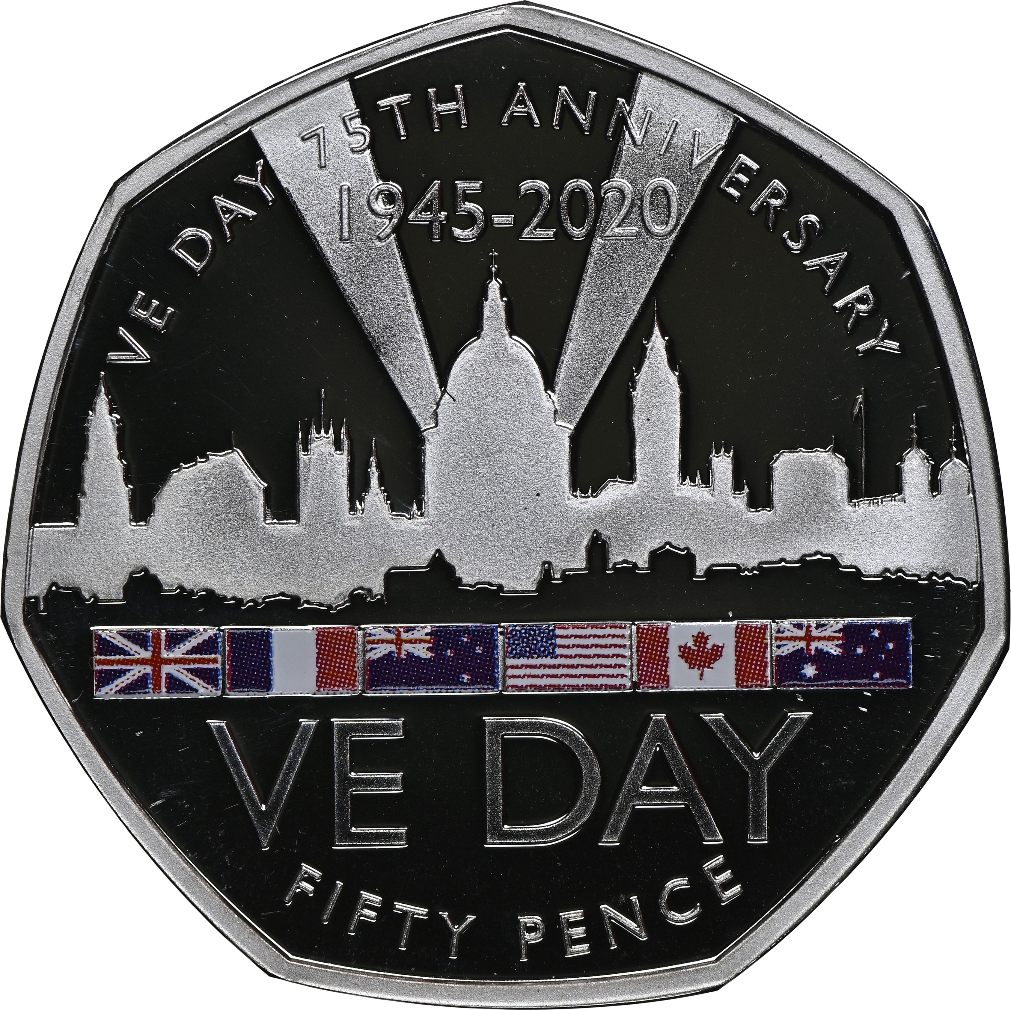 Gibraltar 50 Pence - Elizabeth II VE-Day; Silver Proof reverse