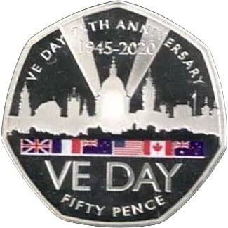 Gibraltar 50 Pence - Elizabeth II VE-Day; Silver Piedfort reverse