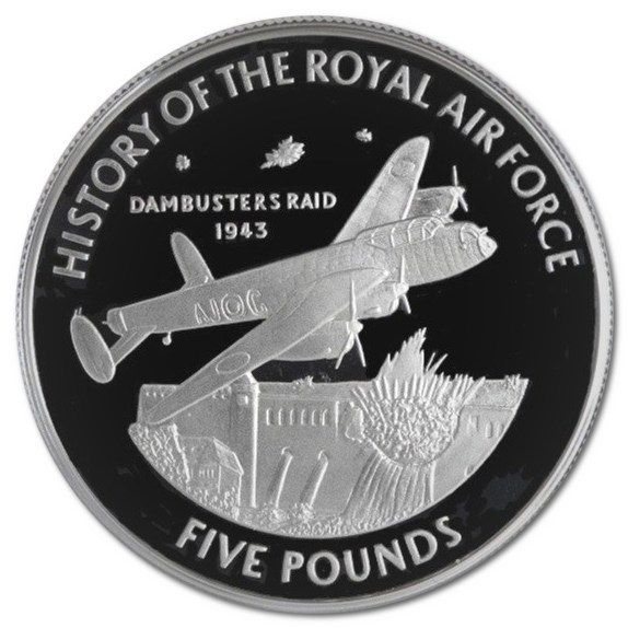 Guernsey 5 Pounds - Elizabeth II Dambusters Raid; Silver Proof