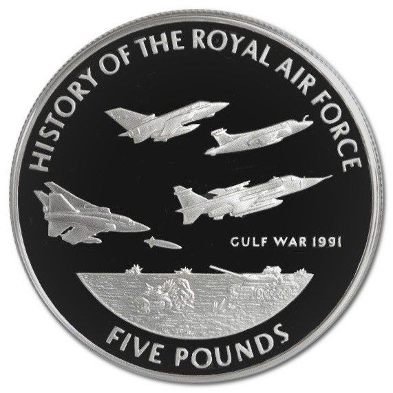 Guernsey 5 Pounds - Elizabeth II Gulf War; Silver Proof reverse