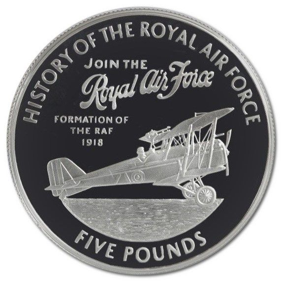 Guernsey 5 Pounds - Elizabeth II Formation of RAF; Silver Proof reverse