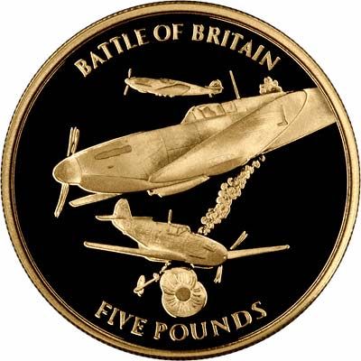 Gibraltar 5 Pounds - Elizabeth II Battle of Britain; Gold Proof reverse