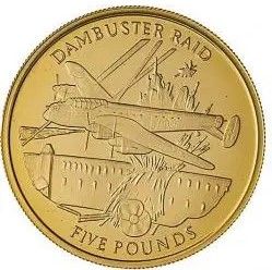 Gibraltar 5 Pounds - Elizabeth II Dambuster Raid; Gold Proof reverse
