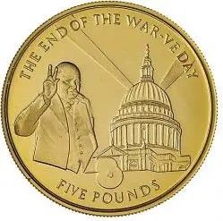 Gibraltar 5 Pounds - Elizabeth II The end of world war VE- day; Gold Proof reverse