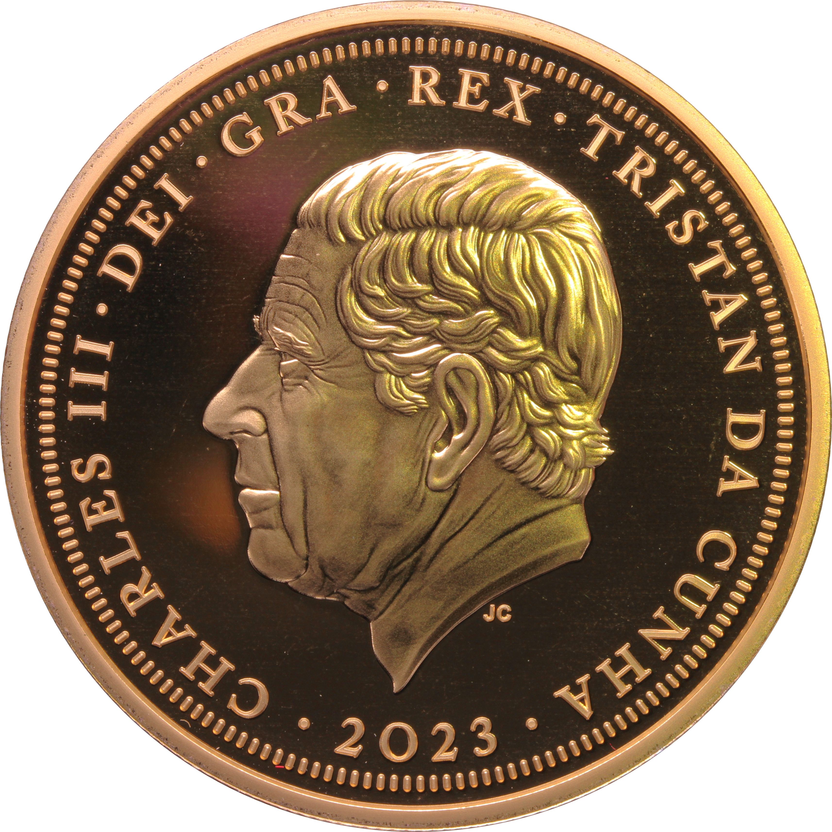Tristan da Cunha 5 Pounds - Charles III Coronation; gold plated obverse