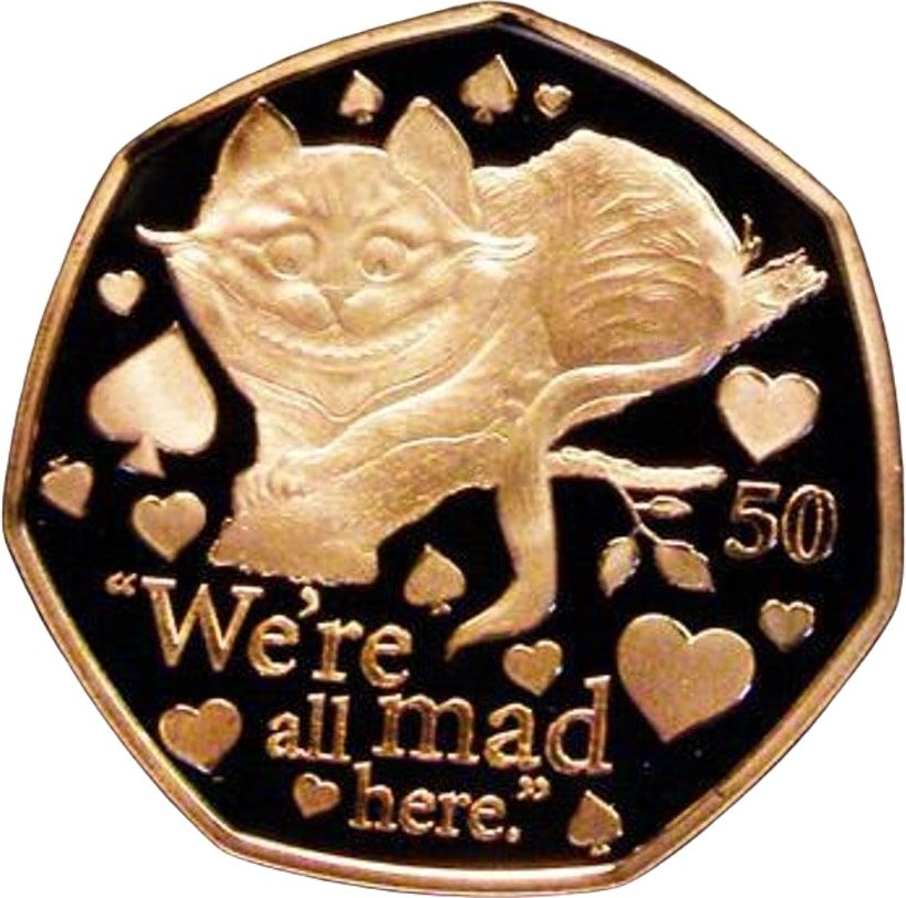 Isle of Man 50 Pence - Elizabeth II Cheshire Cat; Gold Proof reverse