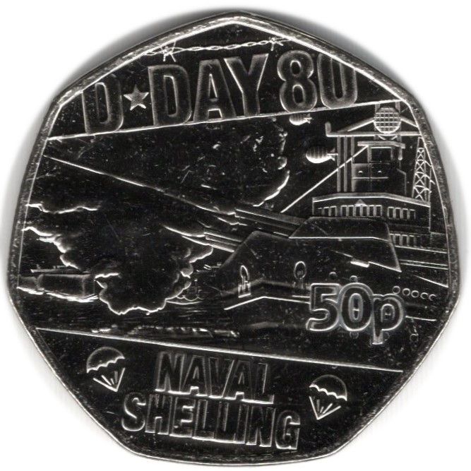 Isle of Man 50 Pence - Charles III D-Day Naval Shelling reverse