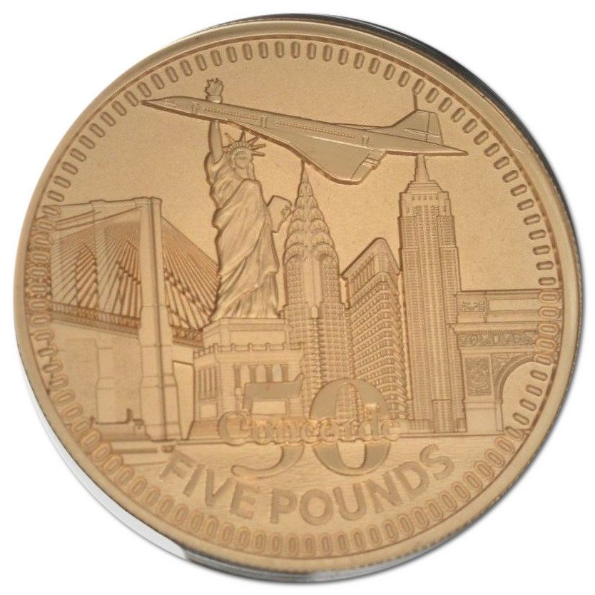 Gibraltar 5 Pounds - Elizabeth II Concorde 50th Anniversary reverse
