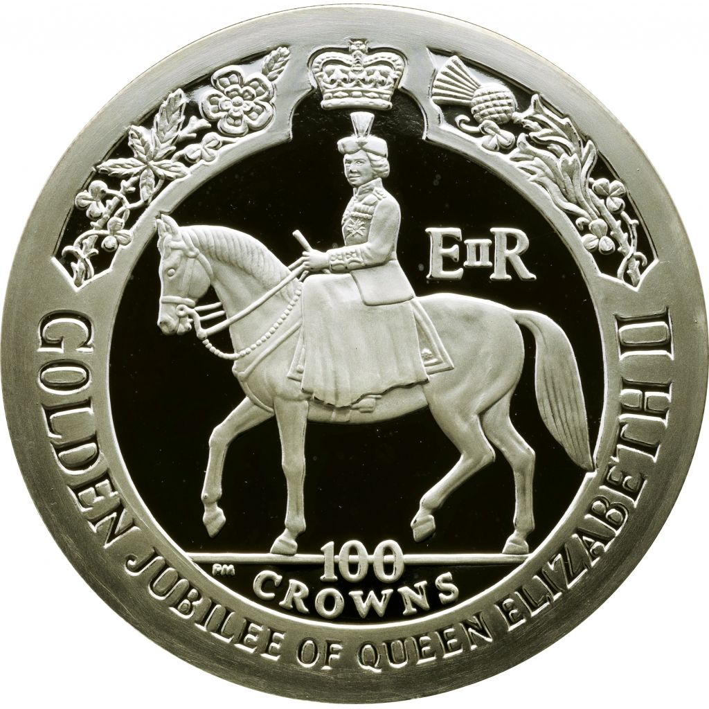 Isle of Man 100 Crowns - Elizabeth II Queen on Horseback reverse