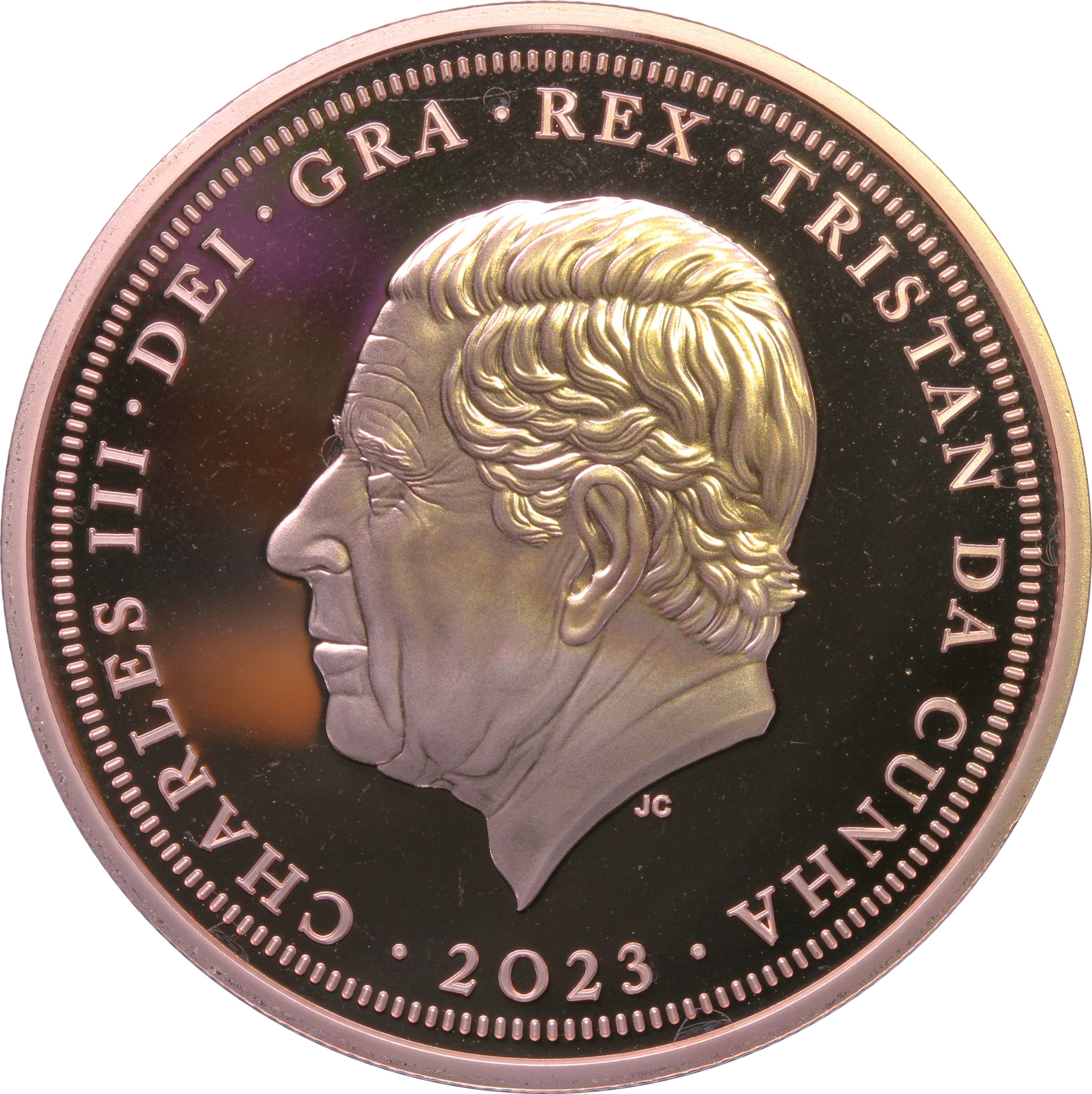 Tristan da Cunha 5 Pounds - Charles III Coronation; rose gold plated obverse