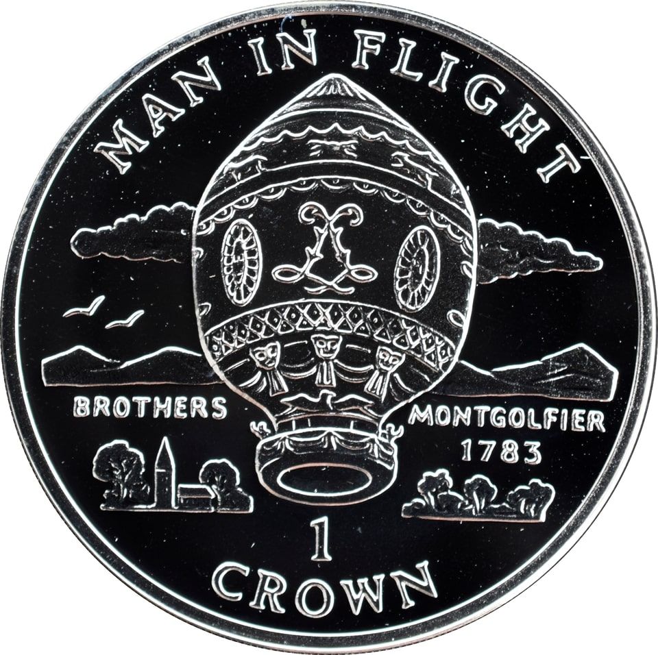 Isle of Man 1 Crown - Elizabeth II Montgolfier Brother's Balloon; Silver Proof reverse