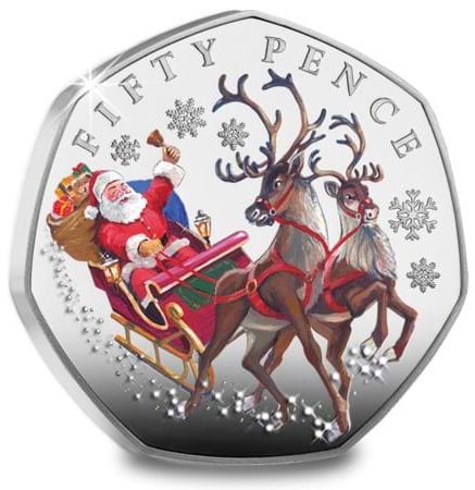 Jersey 50 Pence - Charles III Father Christmas in sleigh; Silver Proof reverse