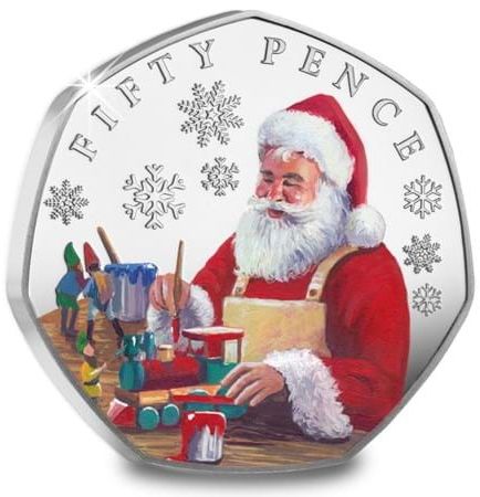 Jersey 50 Pence - Charles III Father Christmas with toys; Silver Proof reverse