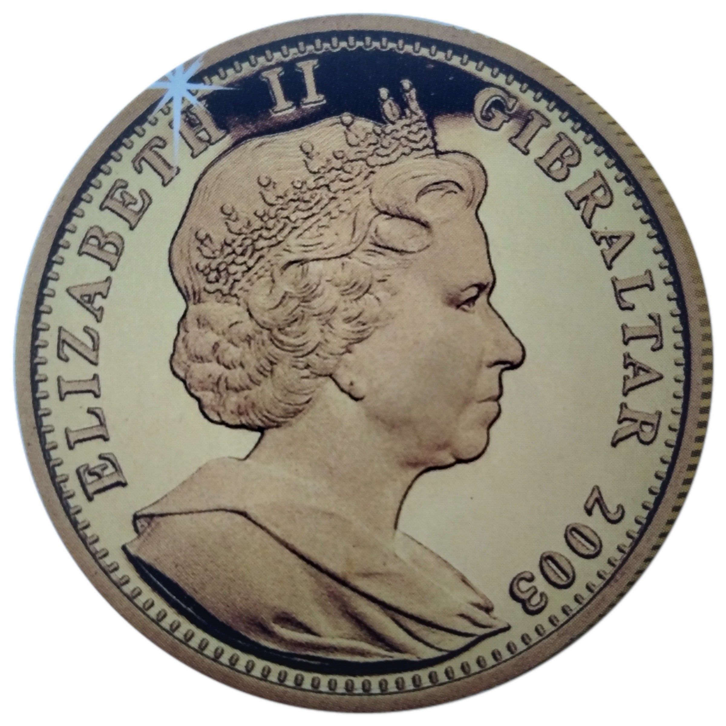 Gibraltar ⅕ Royal - Elizabeth II Cherub with crossed arms; Gold obverse