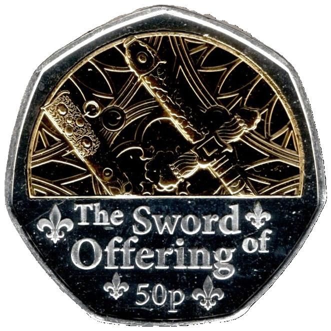Guernsey 50 Pence - Charles III Coronation Regalia - The Sword of Offering; Silver/Gold Plated reverse